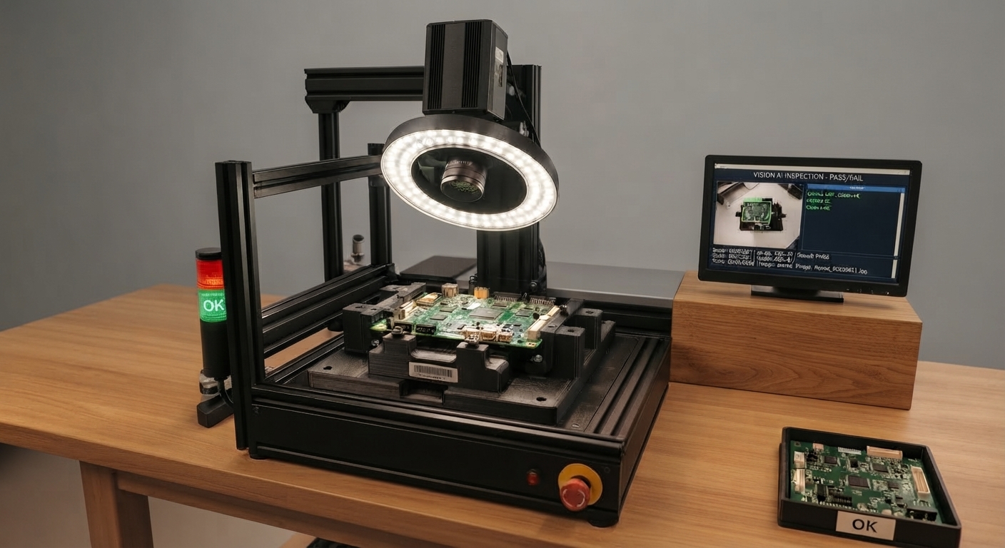 Celda de inspecci&oacute;n visual automatizada con c&aacute;mara, iluminaci&oacute;n anular y monitor de veredicto